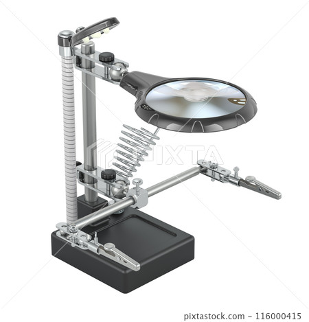Helping Hand With Magnifying Glass on Solid Heavy Base. 3D rendering Helping Hand With Magnifying Glass on Solid Heavy Base. 3D rendering 116000415