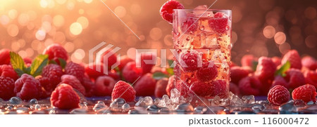 Iced tea with Raspberries, surrounded by raspberry and ice cubes 116000472