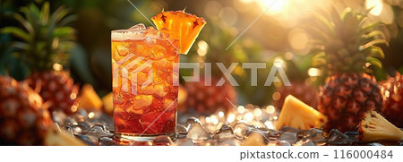 Iced tea with Pineapples, surrounded by pineapple and ice cubes Iced tea with Pineapples, surrounded by pineapple and ice cubes 116000484