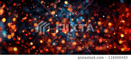 A glass of wine is sitting amidst glowing Christmas lights A glass of wine is sitting amidst glowing Christmas lights 116000485