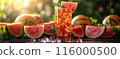 Iced tea with Watermelon, surrounded by watermelons and ice cubes 116000500