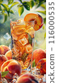 Iced tea with peach slice, surrounded by peaches and ice cubes 116000535