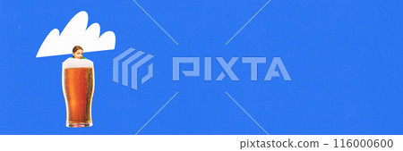 Banner. Contemporary art collage. Woman peeks out from large glass of beer, her head emerging from frothy top against blue background. 116000600