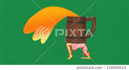 Poster. Contemporary art collage. Woman in pink dress stands as table with large wooden beer mug with vibrant and splash extending from it 116000618