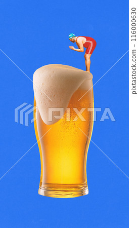 Poster. Contemporary art collage. Man in red wrestling outfit and mask, poised to dive from frothy top of giant glass of beer. 116000630