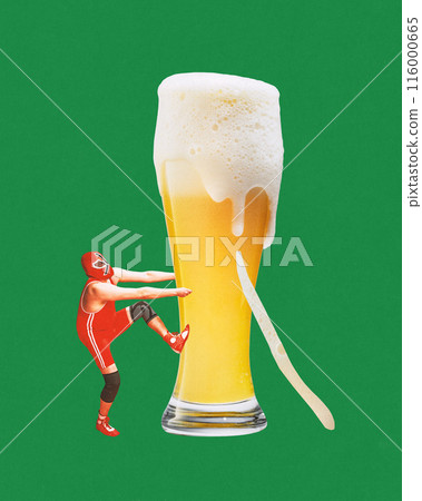 Poster. Contemporary art collage. Man in red wrestling outfit and mask attempting to push or hold up an oversized frothy glass of beer. Poster. Contemporary art collage. Man in red wrestling outfit and mask attempting to push or hold up an oversized frothy glass of beer. 116000665