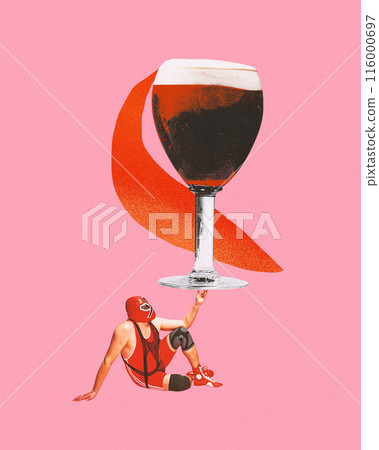 Poster. Contemporary art collage. Man in red wrestling outfit and mask sitting on ground, balancing oversized glass of dark beer with his finger. Poster. Contemporary art collage. Man in red wrestling outfit and mask sitting on ground, balancing oversized glass of dark beer with his finger. 116000697