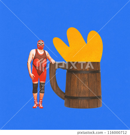 Poster. Contemporary art collage. Man in wrestling outfit and mask standing next to giant wooden beer mug filled with golden foam 116000712