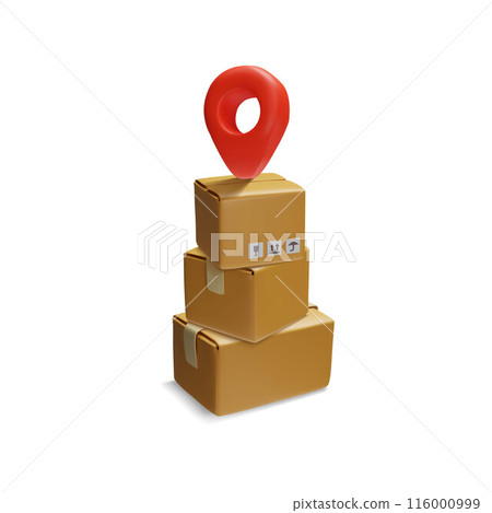 Cargo boxes and red delivery icon in 3D vector scene. Cargo boxes and red delivery icon in 3D vector scene. 116000999