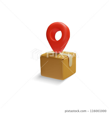 Closed cardboard box with location pointer sign 3D vector, carton packaging box order tracking, delivery cargo service 116001000