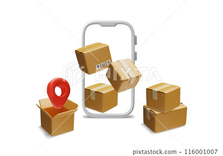 3D cardboard boxes with geolocation signs for packaging and delivery services ideal for online orders. 3D cardboard boxes with geolocation signs for packaging and delivery services ideal for online orders. 116001007