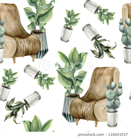 Boho interior wooden chair with pottery home plants and cactus watercolor seamless pattern.Florist background with green plants in ceramic pots for wallpaper, home poster, wrapping paper, packing Boho interior wooden chair with pottery home plants and cactus watercolor seamless pattern.Florist background with green plants in ceramic pots for wallpaper, home poster, wrapping paper, packing 116001037