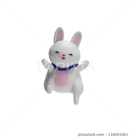 3d Happy fluffy rabbit with blue beads runs joyfully. 3d Happy fluffy rabbit with blue beads runs joyfully. 116001063