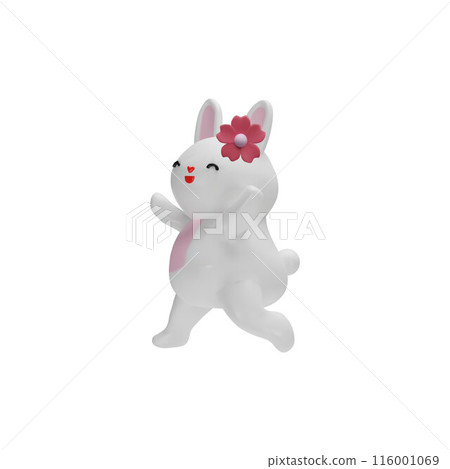 3d vector illustration of a happy walking rabbit with a flower decoration on its ears 3d vector illustration of a happy walking rabbit with a flower decoration on its ears 116001069