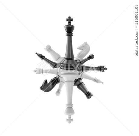 Chess pieces 3d vector composition, realistic chessmen black white collection folded into a figure, board game figurines 116001103