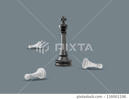 Strategic chess: 3D black king with white pawns. Isolated background. 116001106