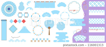 Cool blue summer Japanese style frame set, vector illustration, template, no text, white background, white background 116001313