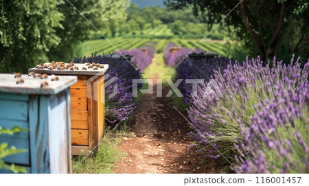 Beehives in a symmetrical lavender field create a picturesque scene of gold hives amidst lush purple blooms. 116001457