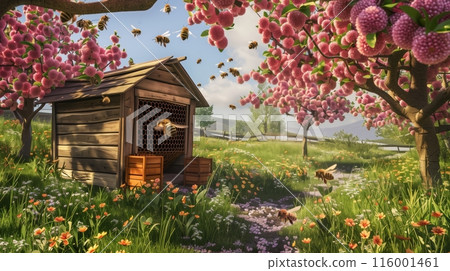 A tranquil apiary nestles in a blooming orchard, where bees buzz among flowers, promising sweet honey. 116001461
