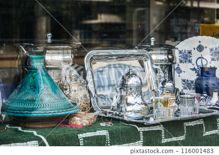 Traditional Moroccan Ceramics and Tea Set Display Traditional Moroccan Ceramics and Tea Set Display 116001483
