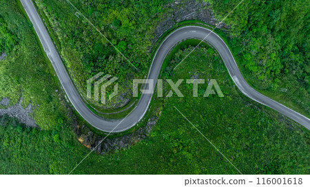 Aerial view road through the green forest on mountain road, Car drive on asphalt road going through green forest, Curved road from above. Aerial view road through the green forest on mountain road, Car drive on asphalt road going through green forest, Curved road from above. 116001618