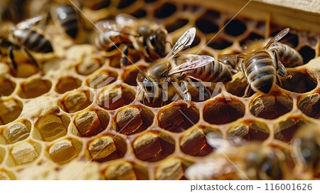 Bees in a beehive work on hexagonal cells, storing honey and nurturing young - marvels of natural engineering. 116001626