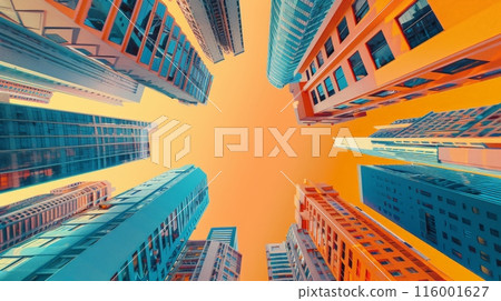 Looking up at skyscrapers with an orange sky background. Vibrant cityscape with modern architecture. 116001627