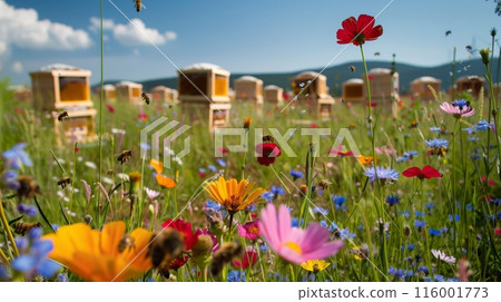 Colorful wildflowers spread across the meadow, hives dotting the landscape, bees buzzing on blossoms. Colorful wildflowers spread across the meadow, hives dotting the landscape, bees buzzing on blossoms. 116001773