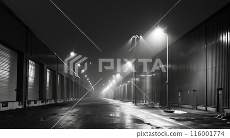 An industrial district with harsh, white streetlights casting an eerie glow on desolate, monochrome warehouses. An industrial district with harsh, white streetlights casting an eerie glow on desolate, monochrome warehouses. 116001774