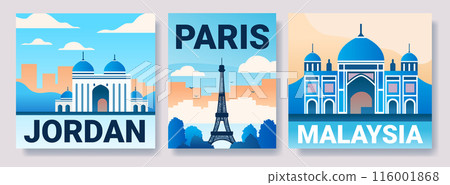 Cityscapes with landmarks from Jordan Paris and Malaysia featuring iconic architecture against colorful backdrops and clouds Cityscapes with landmarks from Jordan Paris and Malaysia featuring iconic architecture against colorful backdrops and clouds 116001868