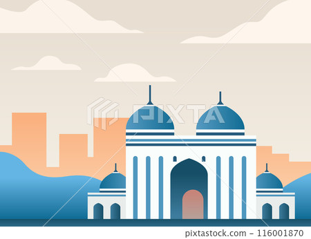 Mosque with blue domes in front of a city skyline with mountains and clouds in the background 116001870