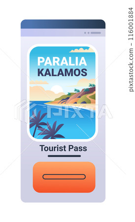 Scenic beach landscape with palm trees hills and blue sea displayed on mobile screen Scenic beach landscape with palm trees hills and blue sea displayed on mobile screen 116001884