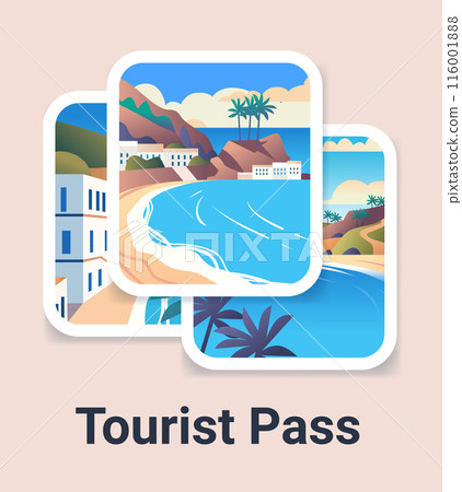 Beach landscape with palm trees mountains and buildings in framed photo collage summer vacation travel concept 116001888