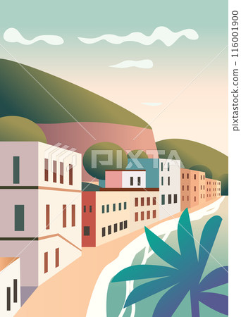 Coastal town buildings hills palm tree abstract landscape colorful 116001900