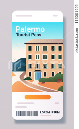 Tourist pass design with a building and scenic background on a smartphone screen Tourist pass design with a building and scenic background on a smartphone screen 116001903