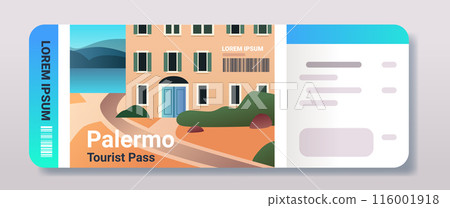 Travel ticket design with a scenic coastal building mountains and path in a minimalist style vibrant colors modern layout 116001918