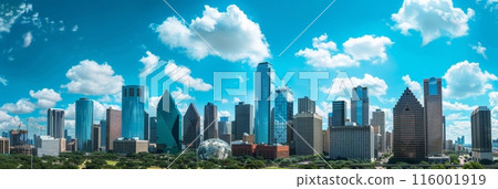 Panoramic view of a city's financial district with modern skyscrapers. Concept of urban development and business growth Panoramic view of a city's financial district with modern skyscrapers. Concept of urban development and business growth 116001919