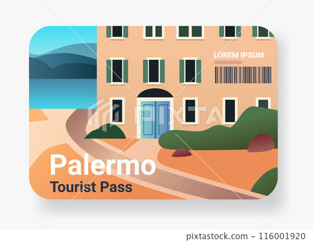Tourist pass card design with a coastal building pathway and landscape in flat style 116001920