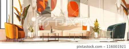 Modern office with vibrant wall art, ergonomic furniture, and colorful accents. Ideal for enhancing creativity and productivity. Modern office with vibrant wall art, ergonomic furniture, and colorful accents. Ideal for enhancing creativity and productivity. 116001921