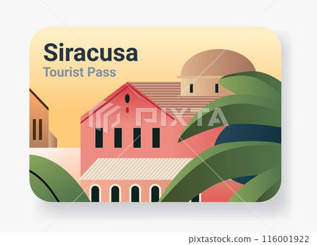 Syracuse tourist pass card design featuring colorful buildings palm leaves and a dome against a gradient background Syracuse tourist pass card design featuring colorful buildings palm leaves and a dome against a gradient background 116001922