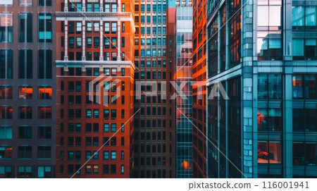 Close-up view of modern buildings with a mix of brick and glass facades. Urban architecture highlighting city development. 116001941