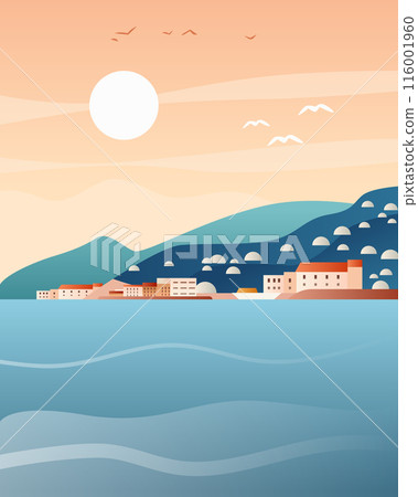 Coastal town landscape with buildings hills sea and birds under a setting sun in a minimalist style Coastal town landscape with buildings hills sea and birds under a setting sun in a minimalist style 116001960