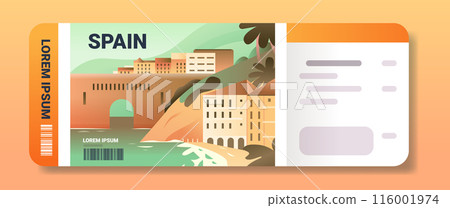 Travel ticket design featuring Spanish architecture beach palm trees and ocean in vibrant colors Travel ticket design featuring Spanish architecture beach palm trees and ocean in vibrant colors 116001974