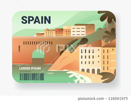 Spain coastal cityscape with buildings bridge and palm trees in vibrant colors travel destination 116001975