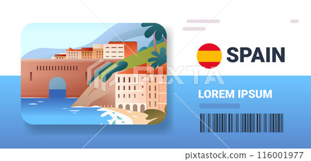 Spanish coastal cityscape with buildings cliffside ocean waves palm trees and mountains in background colorful flat design 116001977