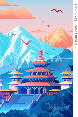 Pagoda temple with mountains landscape birds and colorful sky 116002001