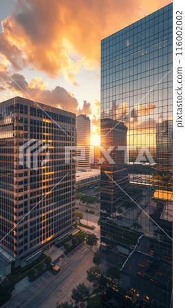 Modern office buildings and a clear blue sky with lush green trees. Concept of sustainable urban design and corporate architecture 116002002