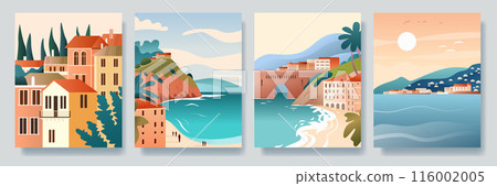 Mediterranean coastal townscape with colorful houses beach sea hills and sunset. Scenic seaside landscape in flat design 116002005