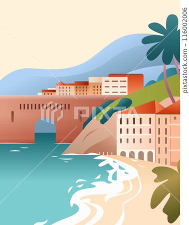 Coastal town with beach waves buildings bridge palm trees and hills in background Coastal town with beach waves buildings bridge palm trees and hills in background 116002006