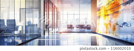 Contemporary office corridor with glass walls and city views. Bright and modern business environment. Contemporary office corridor with glass walls and city views. Bright and modern business environment. 116002010